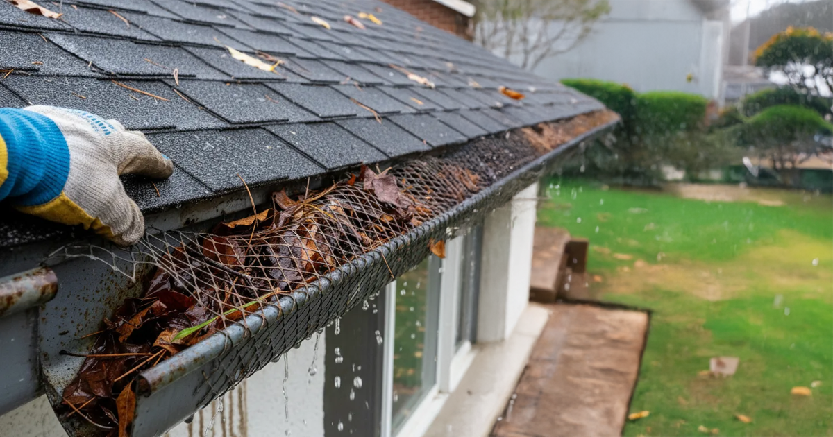 Close-up of clogged residential gutter before repair
