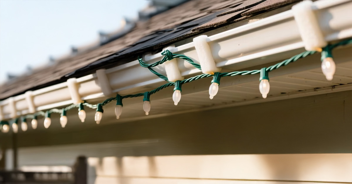 Holiday lights installed along roofline with properly supported gutters during winter