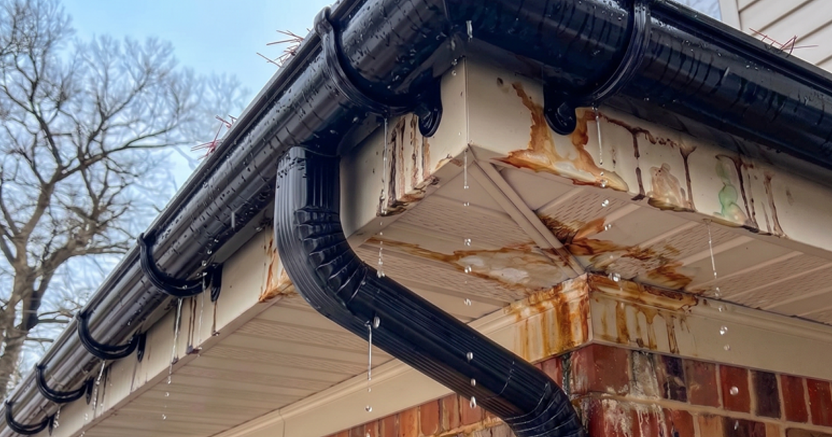 Water stains and dark streaks under residential gutters caused by overflow and leaks